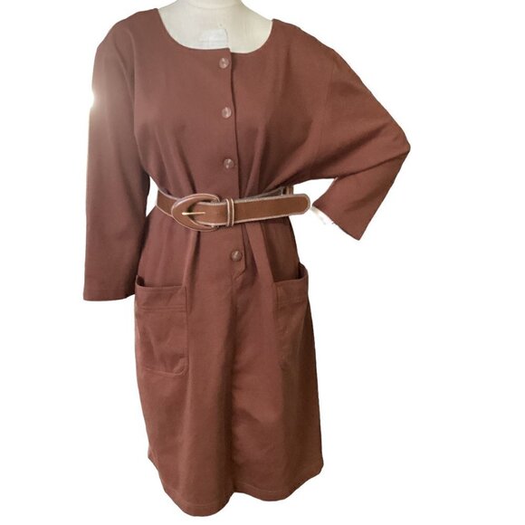 Worthington Woman Brown Button-Up Dress 2 Pockets & Belt Plus Sz 20W #23Q - Picture 1 of 10